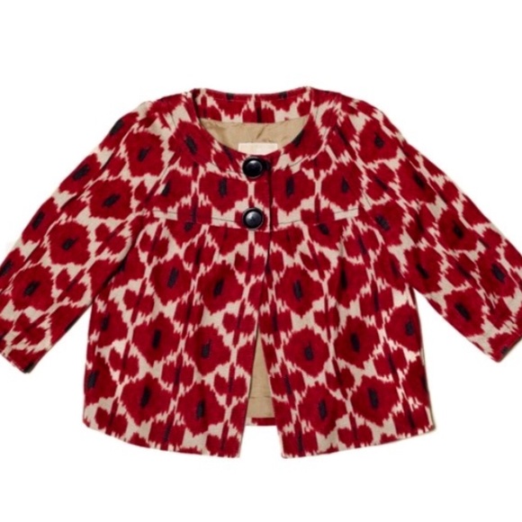 Michael Kors Ikat Linen Swing Jacket Top Red Black Tan PM 3/4 Sleeve - Picture 1 of 2